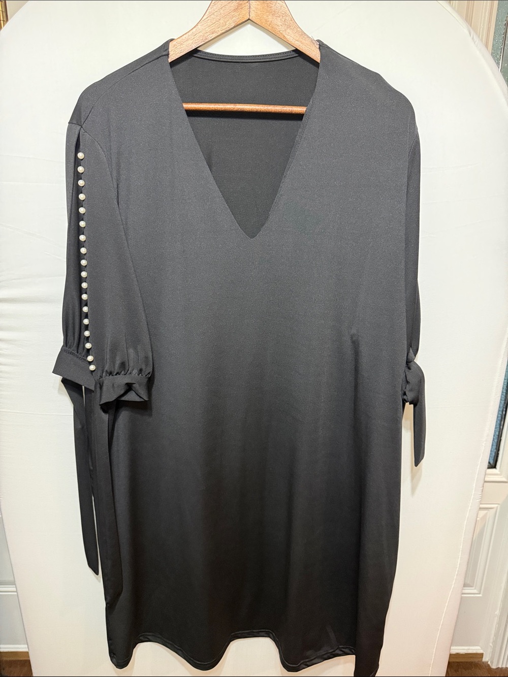 Women's Black V-Neck Mini Dress with Pearl Sleeve Detail